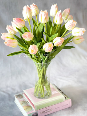 20” Blush Pink Real Touch Tulips Modern Arrangement Centerpiece | Real Touch Artificial Faux