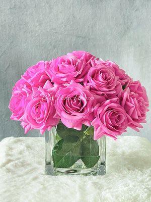 Real Touch Magenta Roses Arrangement in Vase, French Country Artificial Flowers