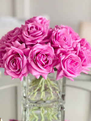 Real Touch Magenta Roses Arrangement in Vase, French Country Artificial Flowers