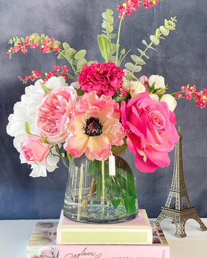 Pink Peonies, Roses, Poppies and Hydrangeas Arrangement Artificial Faux Centerpiece, Floral Decor