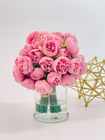 White 54 Smaller Head Peonies, Centerpiece, Faux Flower Arrangement | French Country | Arrangement in Clear Glass Vase | Modern Style