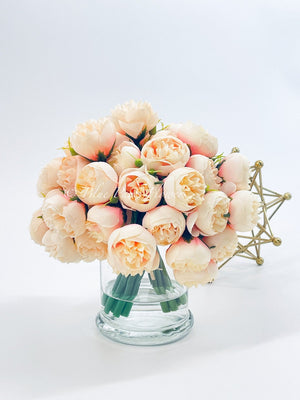 White 54 Smaller Head Peonies, Centerpiece, Faux Flower Arrangement | French Country | Arrangement in Clear Glass Vase | Modern Style