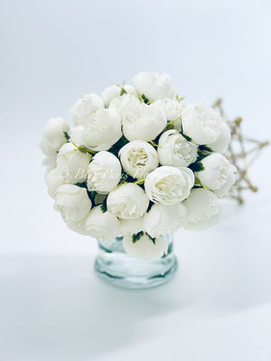 White 54 Smaller Head Peonies, Centerpiece, Faux Flower Arrangement | French Country | Arrangement in Clear Glass Vase | Modern Style