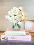White 54 Smaller Head Peonies, Centerpiece, Faux Flower Arrangement | French Country | Arrangement in Clear Glass Vase | Modern Style