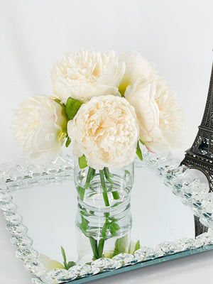 White Rose Peony Arrangement, Artificial Faux Centerpiece, Faux Florals, Silk Flowers in Glass Vase by Blue Paris