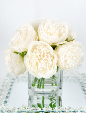 White Rose Peony Faux Arrangement in Glass Vase | Blue Paris