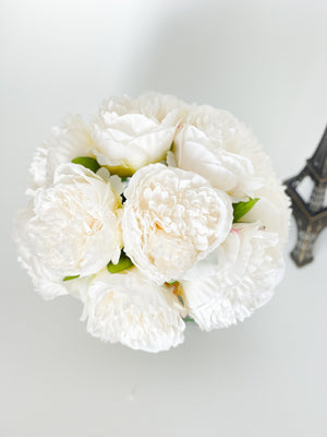 White Rose Peony Faux Arrangement in Glass Vase | Blue Paris