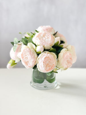 Baby Pink Rose Peony Arrangement, Artificial Faux Centerpiece, Faux Florals, Silk Flowers in Glass Vase by Blue Paris