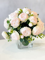 Baby Pink Rose Peony Arrangement, Artificial Faux Centerpiece, Faux Florals, Silk Flowers in Glass Vase by Blue Paris