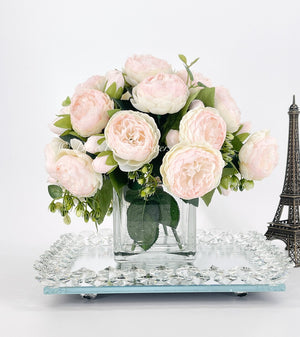 Baby Pink Rose Peony Arrangement, Artificial Faux Centerpiece, Faux Florals, Silk Flowers in Glass Vase by Blue Paris