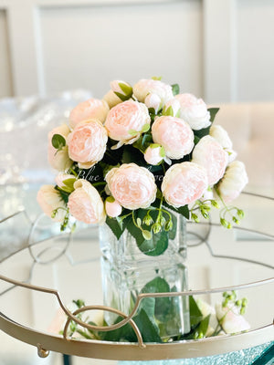 Baby Pink Rose Peony Arrangement, Artificial Faux Centerpiece, Faux Florals, Silk Flowers in Glass Vase by Blue Paris