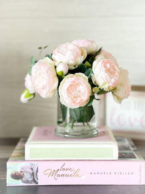 Baby Pink Rose Peony Arrangement, Artificial Faux Centerpiece, Faux Florals, Silk Flowers in Glass Vase by Blue Paris