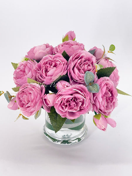 Candy Magenta Pink Rose Peony Arrangement, Artificial Faux Centerpiece, Faux Florals, Silk Flowers in Glass Vase by Blue Paris