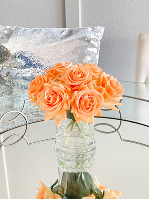 Tangerine Orange Rose Arrangement Real Touch, Faux Flowers, Artificial Floral Arrangement in Glass Vase by Blue Paris
