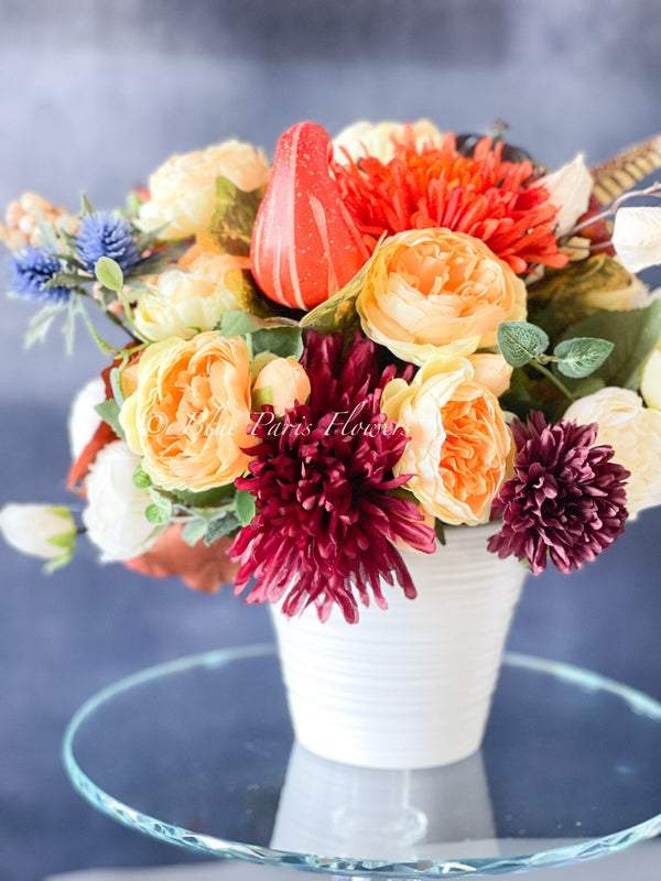 Fall or Thanksgiving Arrangement, Peonies Rose Pumpkins in Vase, Floral Decor Centerpiece, Faux Florals Artificial Flowers Silk Floral Decor