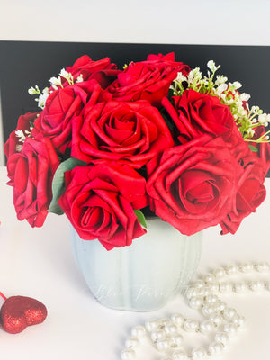 Red Rose Arrangement with Baby Breath Greenery Artificial Faux Arrangement in Grey Clay Vase for Home Decor by Blue Paris Flowers
