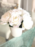 White Rose Arrangement Artificial Faux Centerpiece Silk Flowers in White Clay Vase for Home Decor by Blue Paris Flowers