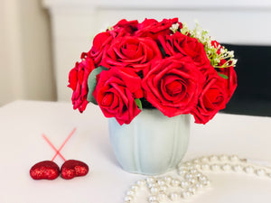 Red Rose Arrangement with Baby Breath Greenery Artificial Faux Arrangement in Grey Clay Vase for Home Decor by Blue Paris Flowers