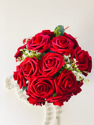 Red Rose Arrangement with Baby Breath Greenery Artificial Faux Arrangement in Grey Clay Vase for Home Decor by Blue Paris Flowers