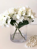 White Hydrangea  Artificial Faux Arrangement in Clear Glass Vase with clear acrylic water for Home Decor by Blue Paris Flowers