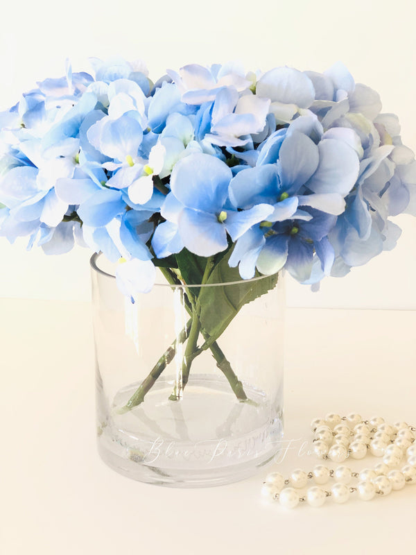 Blue Hydrangea  Artificial Faux Arrangement in Clear Glass Vase with clear acrylic water for Home Decor by Blue Paris Flowers