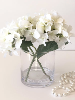 White Hydrangea  Artificial Faux Arrangement in Clear Glass Vase with clear acrylic water for Home Decor by Blue Paris Flowers