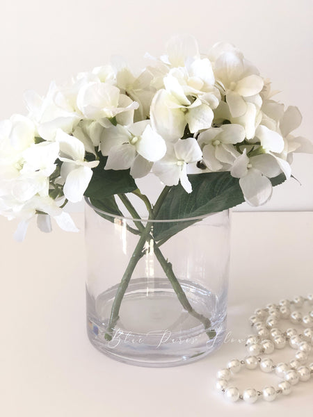 White Hydrangea  Artificial Faux Arrangement in Clear Glass Vase with clear acrylic water for Home Decor by Blue Paris Flowers