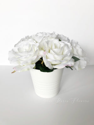 White Rose Arrangement Artificial Faux Centerpiece Silk Flowers in White Clay Vase for Home Decor by Blue Paris Flowers