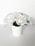 White Rose Arrangement Artificial Faux Centerpiece Silk Flowers in White Clay Vase for Home Decor by Blue Paris Flowers