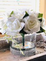 White Rose Arrangement Artificial Faux Centerpiece Silk Flowers in Glass Vase for Home Decor by Blue Paris Flowers