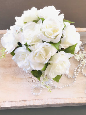 White Rose Arrangement Artificial Faux Centerpiece Silk Flowers in Glass Vase for Home Decor by Blue Paris Flowers