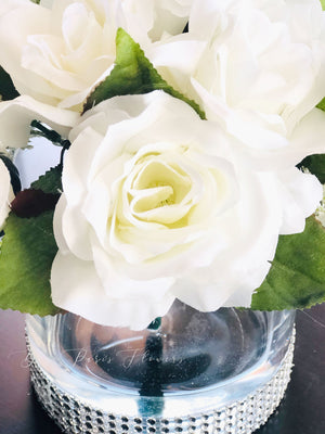 White Rose Arrangement Artificial Faux Centerpiece Silk Flowers in Glass Vase for Home Decor by Blue Paris Flowers