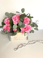 Pink Rose Arrangement with Silver Dollar Greenery | Artificial Faux French Country | in Wood Box for Home Decor by Blue Paris Flowers