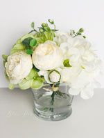 White Green Hydrangeas Peony | French Country |Arrangement in Clear Glass Vase with clear acrylic water for Home Decor by Blue Paris Flowers