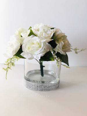 White Rose Arrangement Artificial Faux Centerpiece Silk Flowers in Glass Vase for Home Decor by Blue Paris Flowers