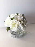 White Rose Arrangement Artificial Faux Centerpiece Silk Flowers in Glass Vase for Home Decor by Blue Paris Flowers