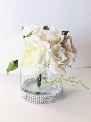 White Rose Arrangement Artificial Faux Centerpiece Silk Flowers in Glass Vase for Home Decor by Blue Paris Flowers