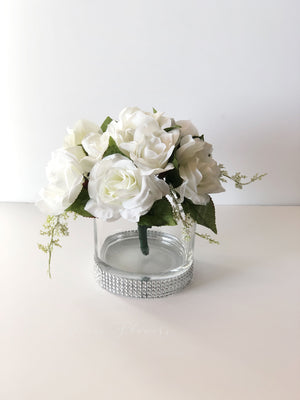 White Rose Arrangement Artificial Faux Centerpiece Silk Flowers in Glass Vase for Home Decor by Blue Paris Flowers