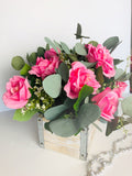 Pink Rose Arrangement with Silver Dollar Greenery | Artificial Faux French Country | in Wood Box for Home Decor by Blue Paris Flowers