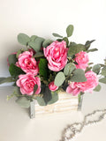 Pink Rose Arrangement with Silver Dollar Greenery | Artificial Faux French Country | in Wood Box for Home Decor by Blue Paris Flowers