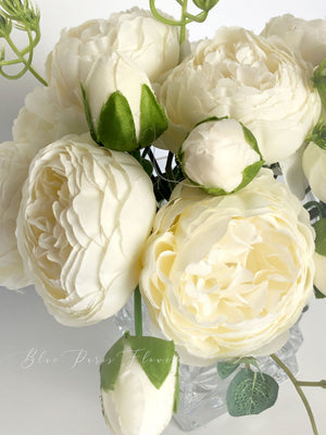 White or Pink Rose Peony Arrangement Artificial Faux Centerpiece Silk Flowers in Glass Vase for Home Decor by Blue Paris Flowers