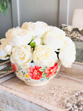 Cream Blush Peonies Arrangement | French Country | Faux Centerpiece Floral in Blue Flower Vase for Home Decor by Blue Paris Flowers