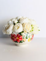 Cream Blush Peonies Arrangement | French Country | Faux Centerpiece Floral in Blue Flower Vase for Home Decor by Blue Paris Flowers