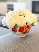 Cream Blush Peonies Arrangement | French Country | Faux Centerpiece Floral in Blue Flower Vase for Home Decor by Blue Paris Flowers