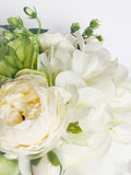 White Green Hydrangeas Peony | French Country |Arrangement in Clear Glass Vase with clear acrylic water for Home Decor by Blue Paris Flowers