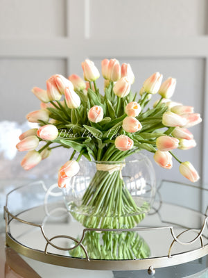X-Large 60 Peach Tulips | Modern Faux Floral Arrangement | Real Touch Artificial Faux Forever Flowers in Glass Vase, Faux Flowers in Vase