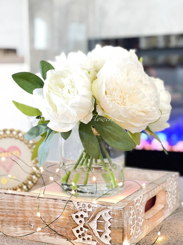 White Peonies Arrangement Artificial Faux Table Centerpiece, Wedding Faux Florals, Rose Silk Flowers Arrangement in Glass Vase by Blue Paris