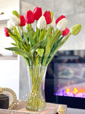 Red White Green 22” Real Touch Tulips Modern Arrangement Centerpiece | Real Touch Artificial Faux Forever Flowers