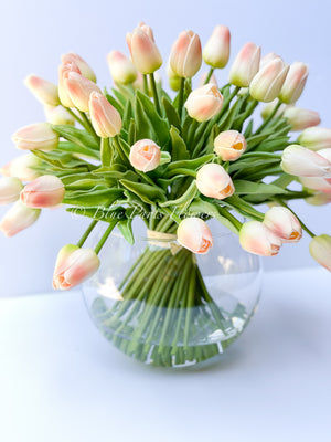X-Large 60 Peach Tulips | Modern Faux Floral Arrangement | Real Touch Artificial Faux Forever Flowers in Glass Vase, Faux Flowers in Vase