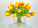Orange Tulips 25 Floral | Modern Arrangement | Real Touch | Artificial Faux Forever Fake Flowers in Glass Vase for Home Decor Blue Paris